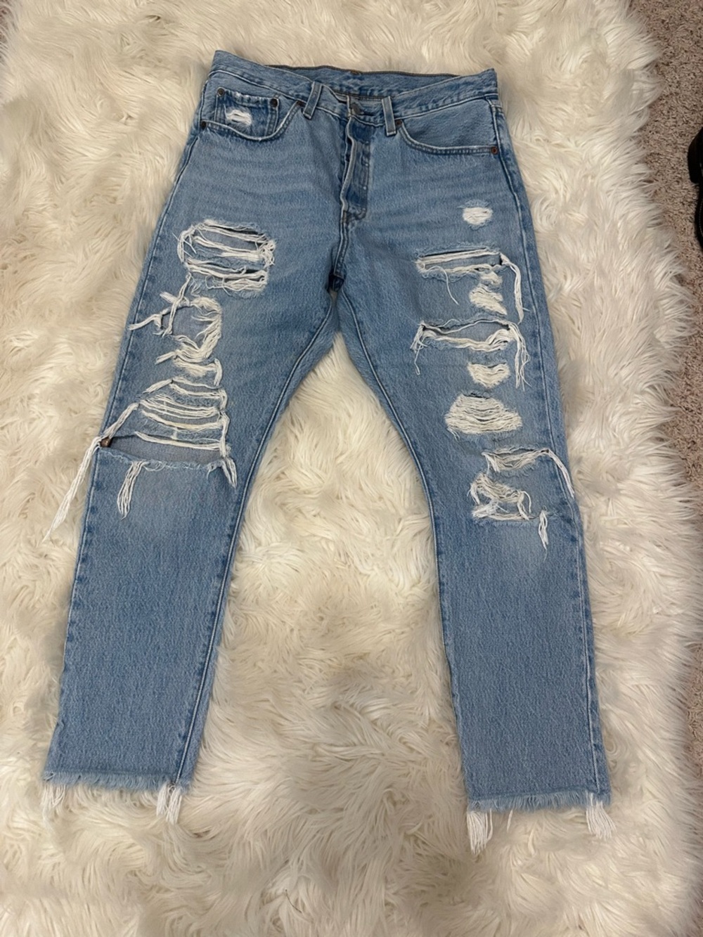 Levi's 501 Light Blue Distressed Straight-Leg Jeans 30X28